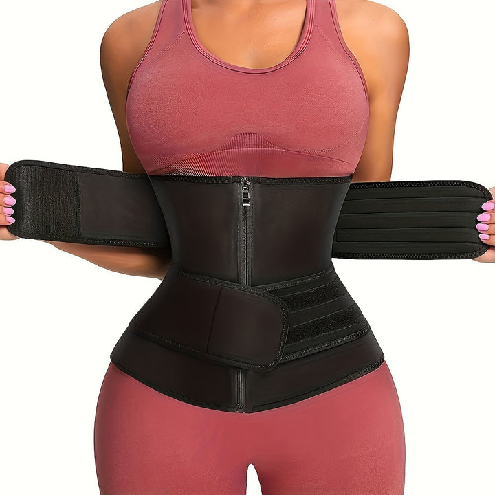ShapeCurve adjustable waist trimmer for women. Provides compression, core support & slimming during workouts & activewear.