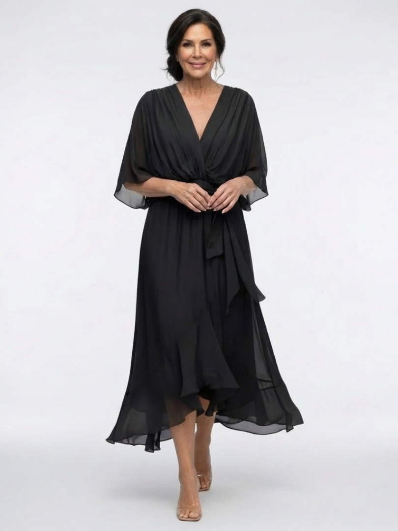 Versatile women's midi dress: draped V-neck, tie waist, short sleeve, elegant & flowy for summer.