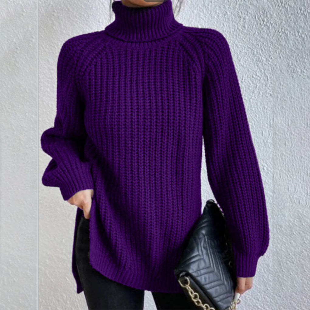 Women's casual chic long sleeve turtleneck sweater. Split hem design, a versatile layering piece.