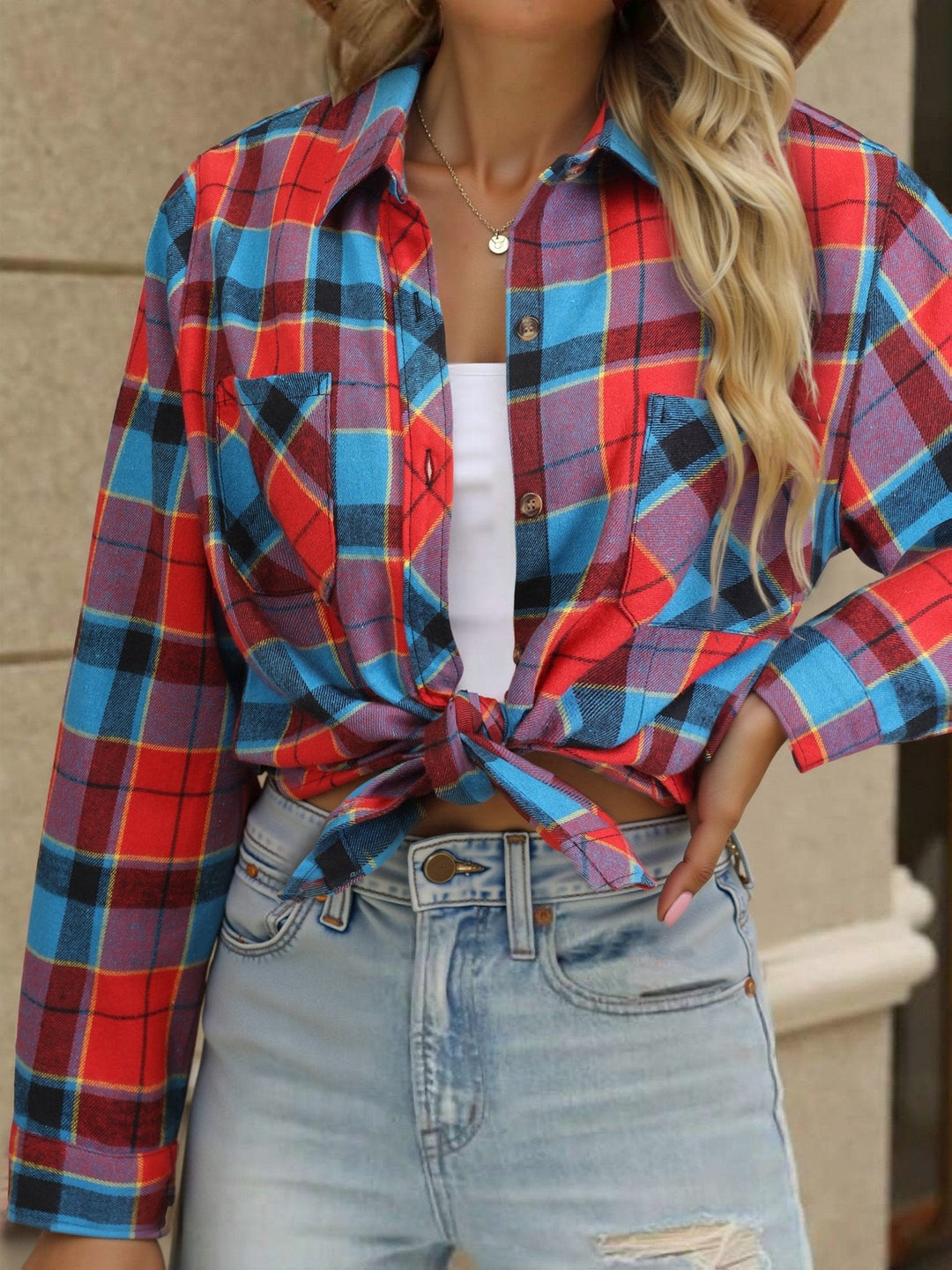 Women's casual button-up shirt, relaxed fit, buffalo check, long sleeve for comfort.