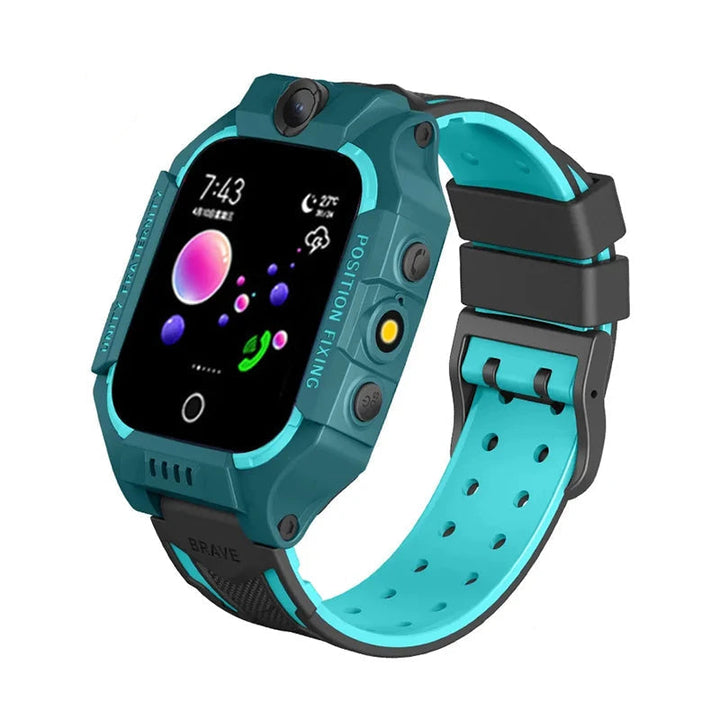 Green kids' smart GPS watch ensuring child safety with real-time tracking, SOS calls & secure communication.
