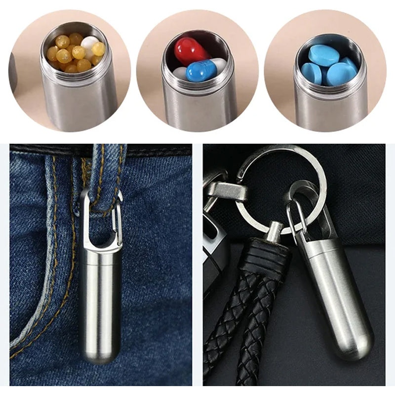 Travel-friendly waterproof stainless steel pill box, discreet medicine holder with keychain.