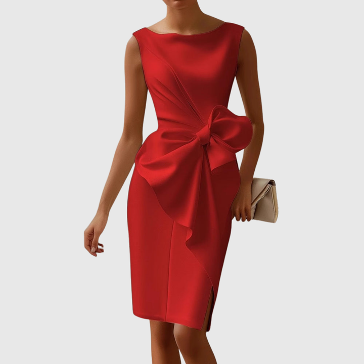 Women's Sleeveless Boat Neck Midi Dress with Side Bow