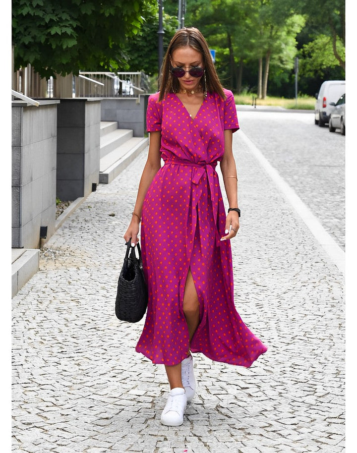 Graceful floral print maxi dress for women, featuring an elegant belt, ideal for stylish summer or evening wear.