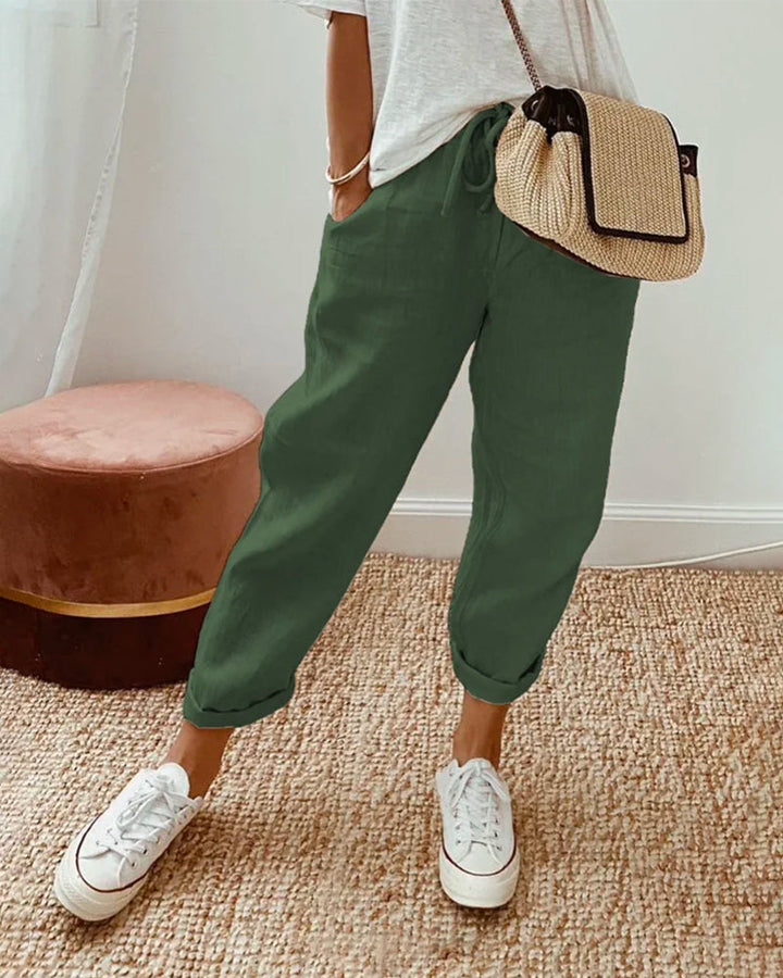 Lightweight women's tapered drawstring casual pants, loose fit high waist trousers, perfect everyday summer bottoms.