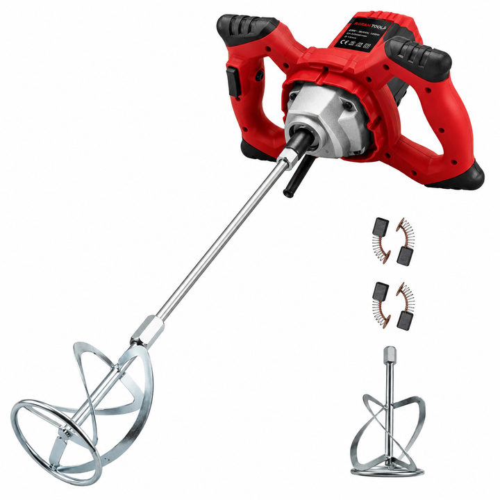 Heavy-duty electric power mixer for cement, paint, plaster, and adhesives. Professional construction tool for thick materials.