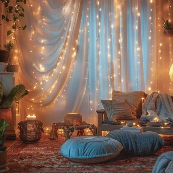 Waterproof warm white LED string curtain lights, ideal for year-round outdoor display.