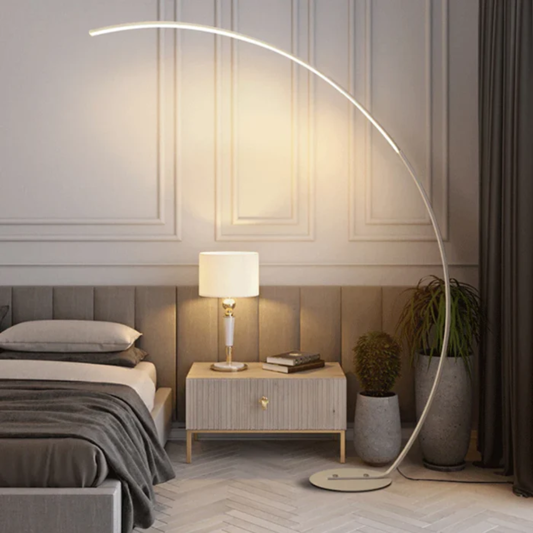Adjustable modern LED floor lamp offering energy-efficient lighting for living rooms, bedrooms, or office spaces.