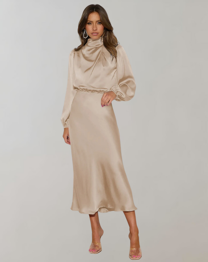 Dark green elegant long sleeve loose fit women's dress for a sophisticated evening or formal party look.