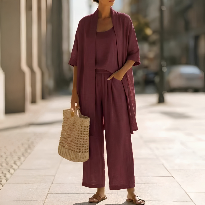Chic women's matching cardigan set for office wear, travel, or casual elegance. Includes pants & tank.