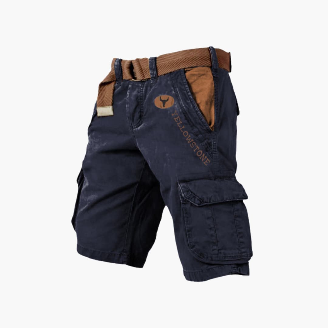 Multi-pocket men's utility cargo shorts for ultimate storage; ideal for outdoor adventures.
