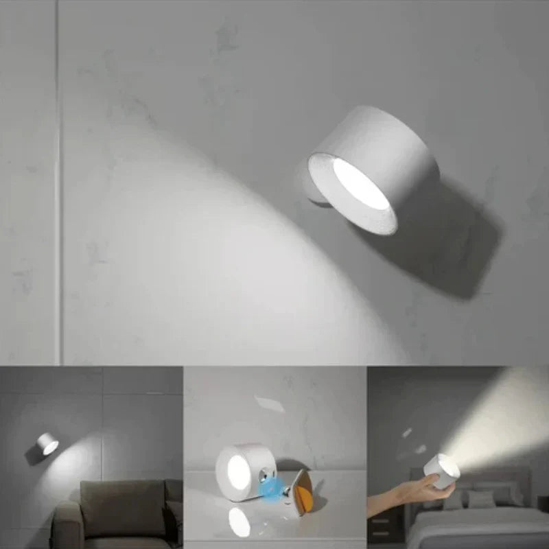 Rechargeable LED wall light, dimmable, rotatable, no wires for a clean, modern aesthetic.