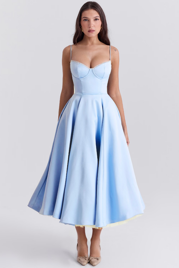 Elegant women's midi dress with sweetheart neckline and boned bodice, perfect for formal events.