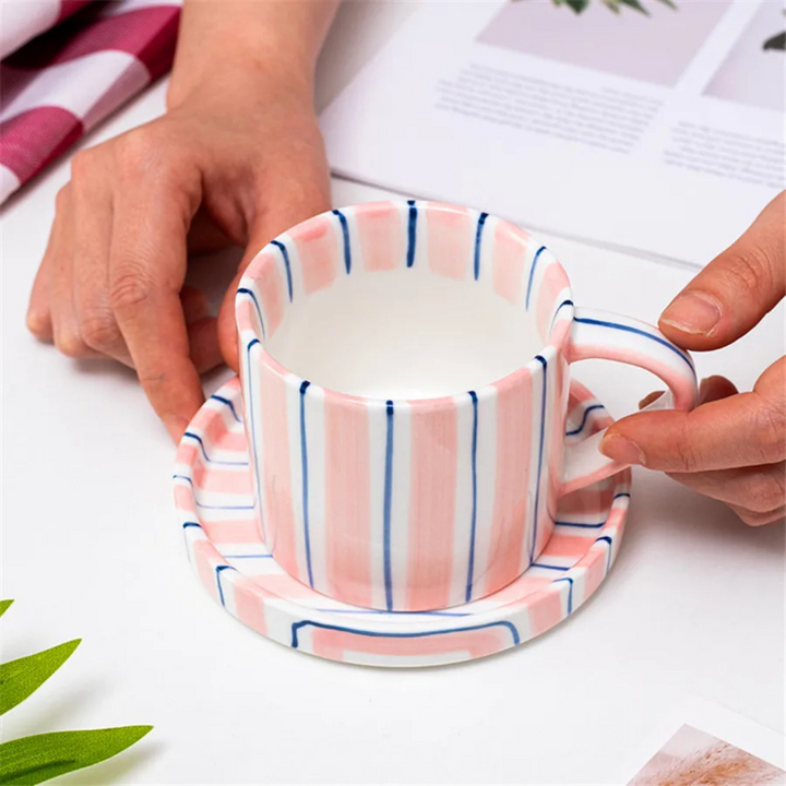 6.8 fl oz hand-painted ceramic coffee cup & saucer set, unique retro chic vintage style.