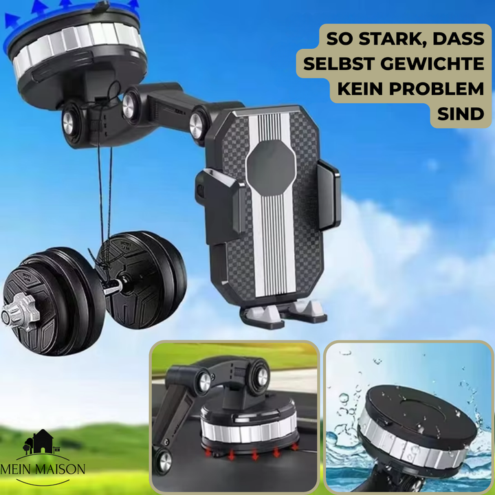 Car dashboard/windshield phone holder with powerful suction grip & flexible 360° rotation.