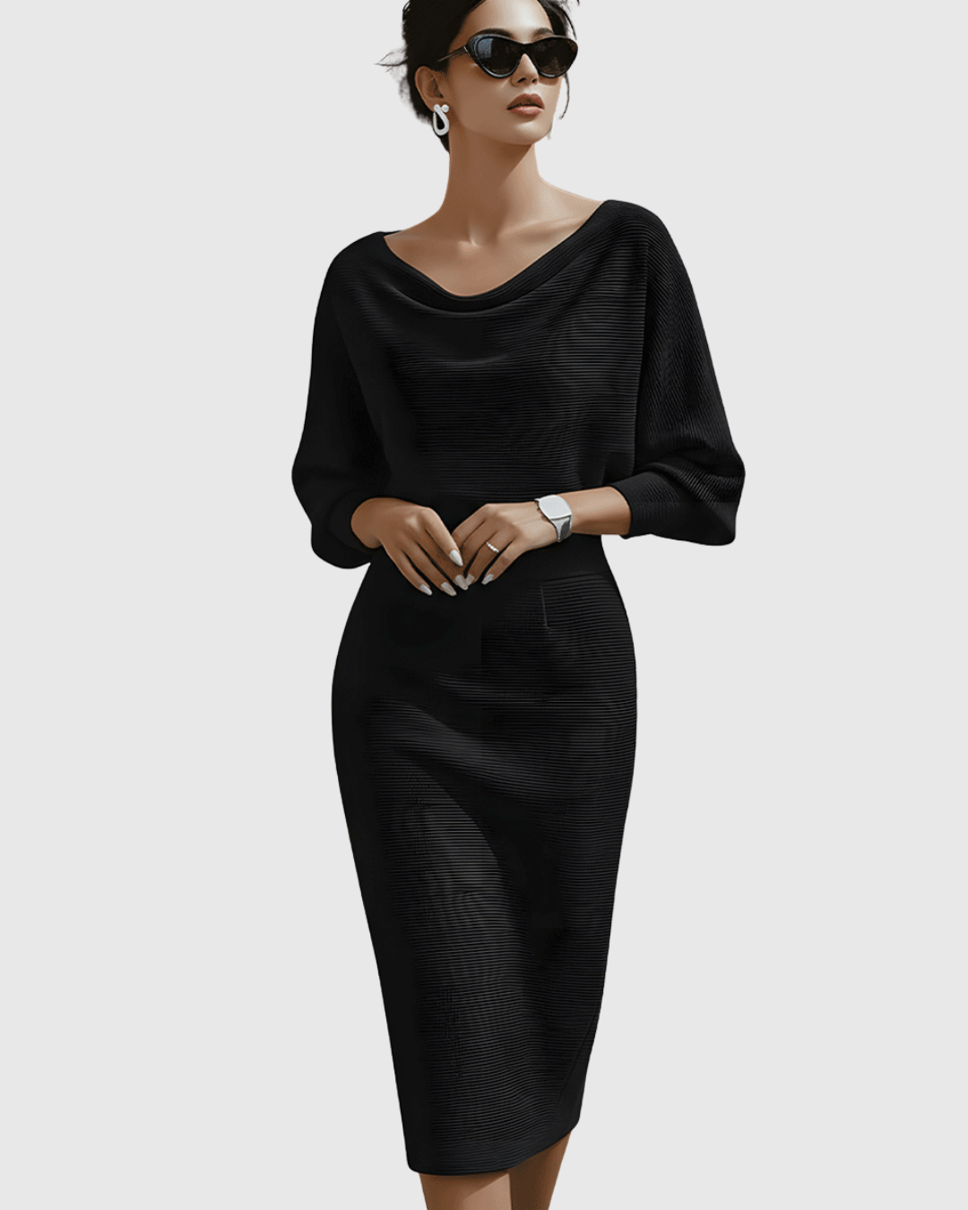 Women's grey batwing sleeve midi dress with stylish cowl neck, perfect for evening wear.
