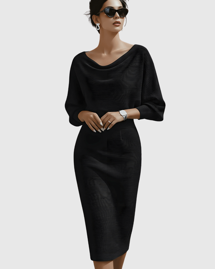 Women's grey batwing sleeve midi dress with stylish cowl neck, perfect for evening wear.