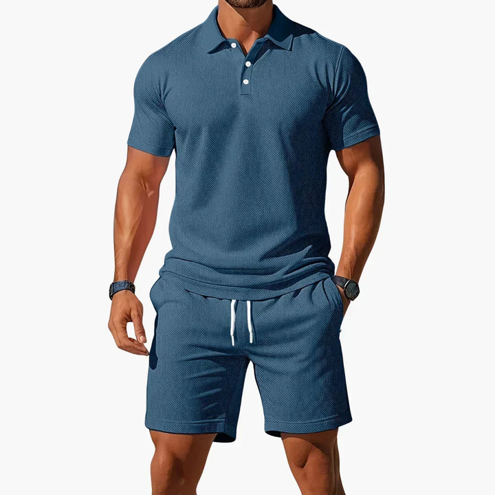 Men's versatile summer wear: a comfy polo shirt and matching tailored shorts, perfect for any casual occasion.