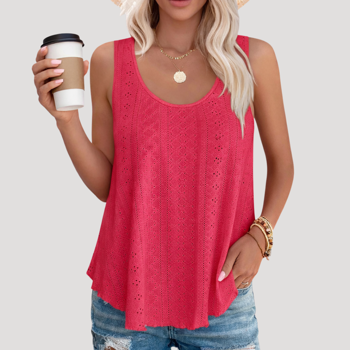 Versatile Women's Fenella eyelet scoop neck tank top styled for a casual summer outfit, breathable and chic.