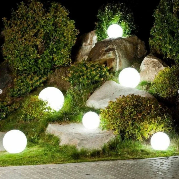 Round spherical RGB garden light, 16 colors, weatherproof, remote controlled for patio, yard, or balcony.