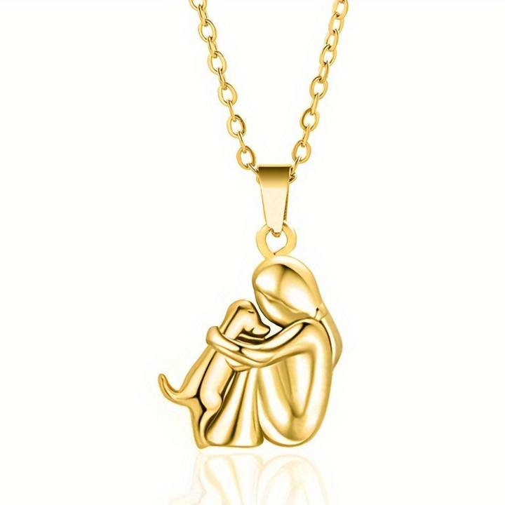 Charming women's necklace with a pet love pendant, girl gently embracing her beloved dog. Dog lover gift.
