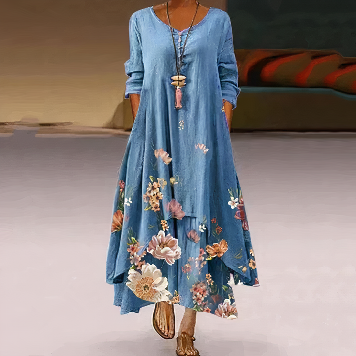 Women's Floral Maxi Dress with Asymmetric Hem