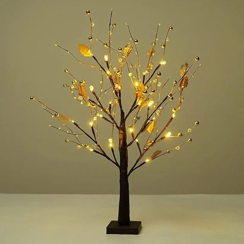 Elegant LED Bonsai Tree Light featuring a mix of red berries & gold pearls, a unique decorative tabletop lamp.