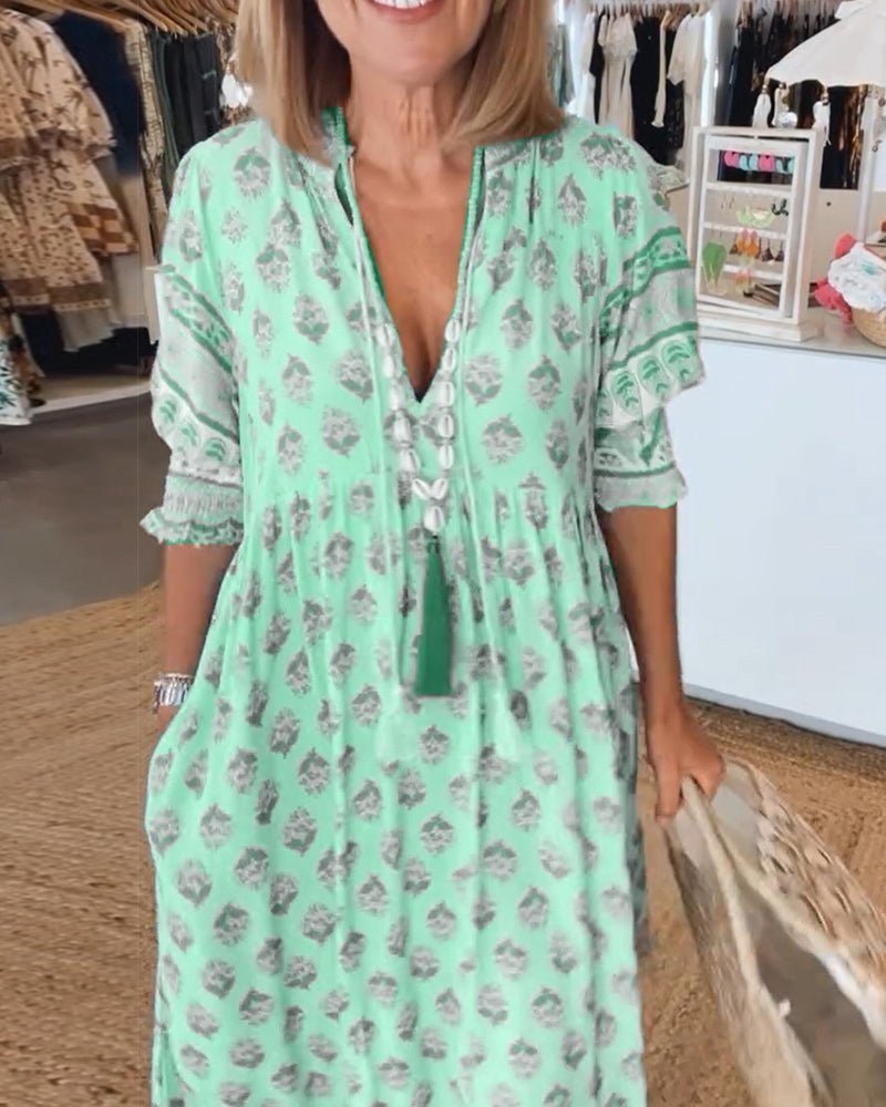 Floral V-Neck Midi Dress with Flowing Fit