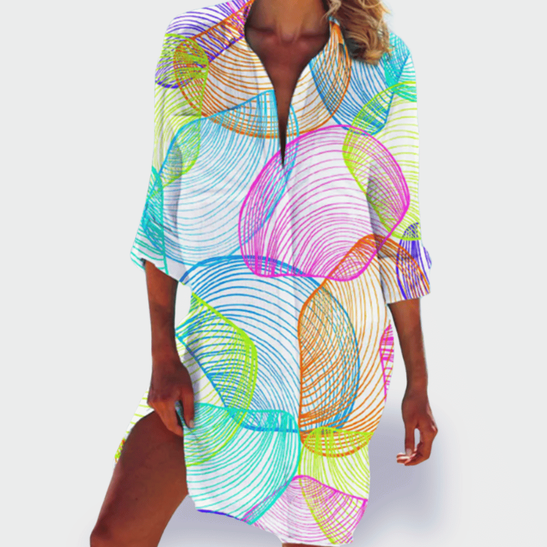 Flattering women's colorful summer dress, lightweight midi style, great for casual elegance or vacation.