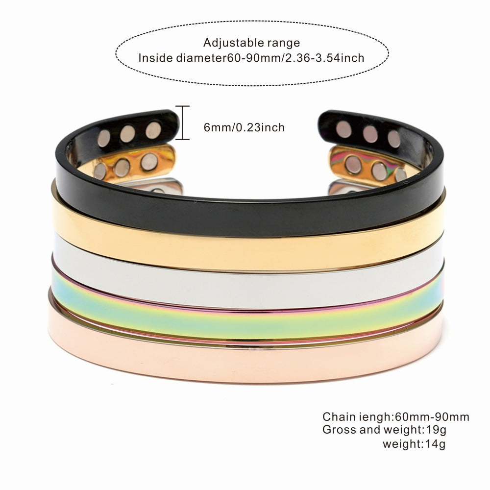 Giftable unisex wide glossy stainless steel magnetic bracelet. Modern cuff for him or her.