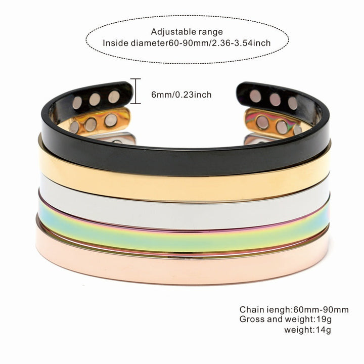Giftable unisex wide glossy stainless steel magnetic bracelet. Modern cuff for him or her.