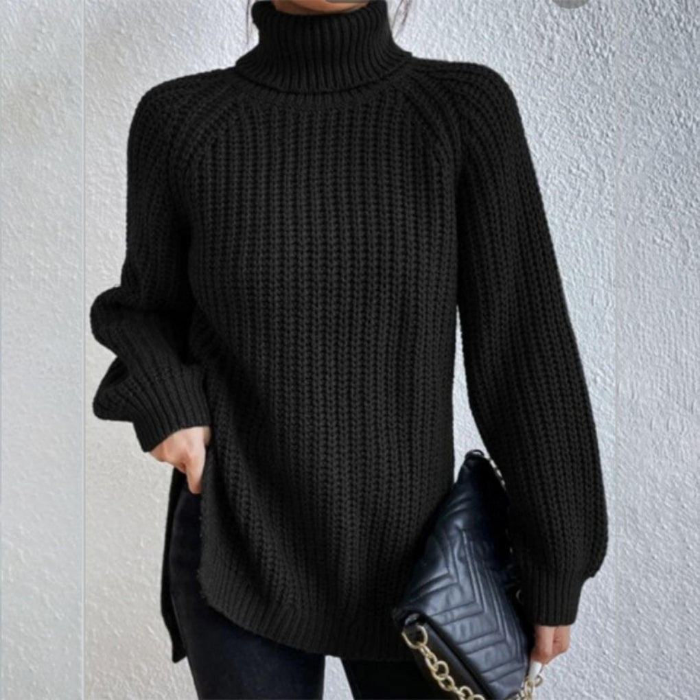 Winter wear women's turtleneck pullover. Long sleeve, solid color, elegant split hem for warmth.
