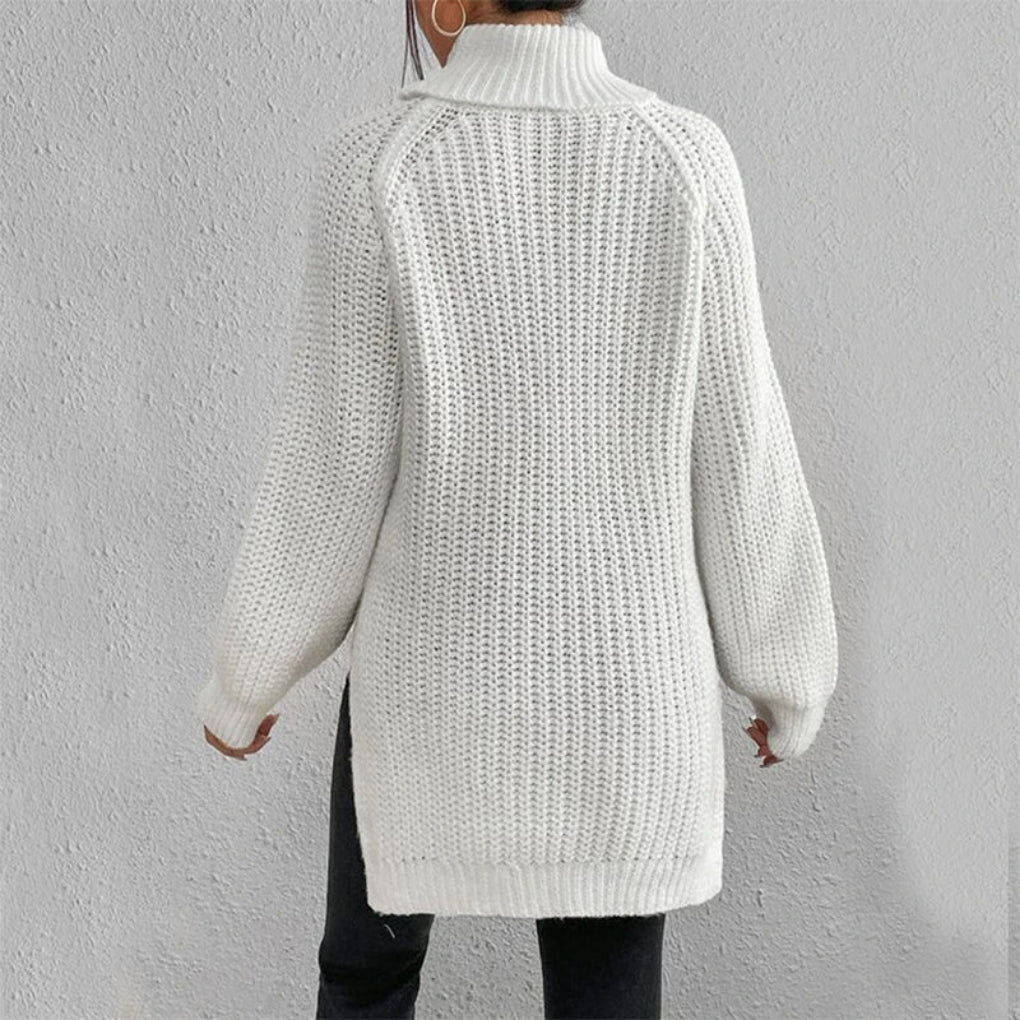 Elegant women's long sleeve turtleneck sweater, features split design. Ideal for casual chic winter wear.