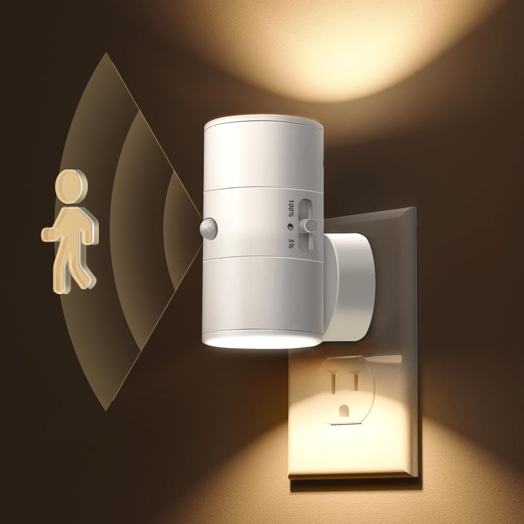 Modern plug-in LED sensor night light for bedrooms & hallways. Automatic ambient lighting adds a warm home decor touch.