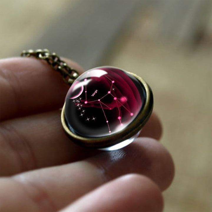 Celestial women's zodiac sign glass pendant necklace, offering spiritual protection & horoscope style.