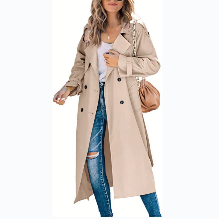 Women's elegant oversized trench coat, double-breasted closure & stylish tie belt for a defined waist.