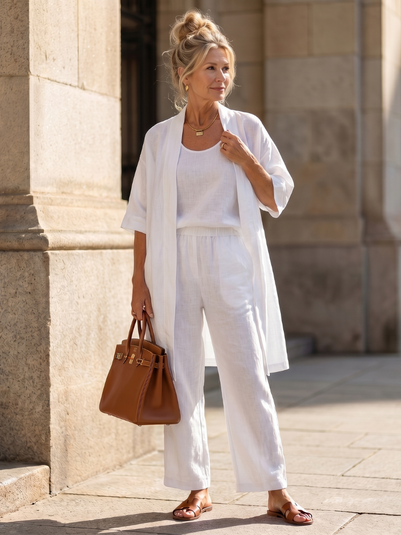 Women's casual three-piece loungewear set, combining a comfortable top, cardigan, and trendy wide-leg pants.