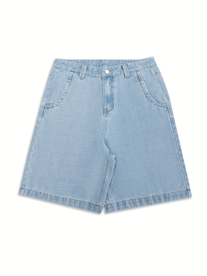 Men's denim Bermuda shorts with elegant floral embroidery, great for relaxed men's fashion.