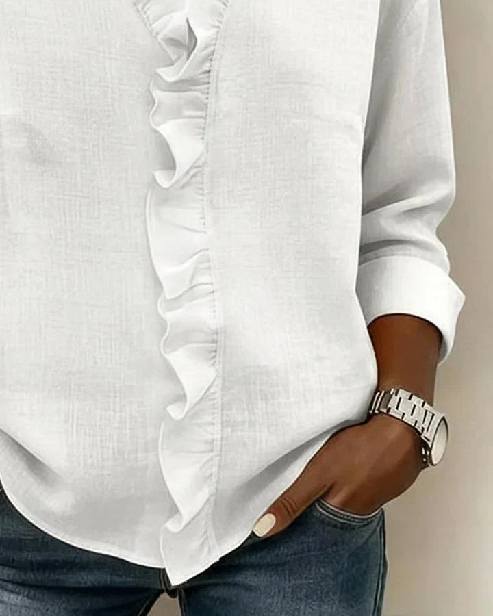 Everyday women's long sleeve V-neck blouse featuring charming ruffles, a versatile and easy-to-wear top.