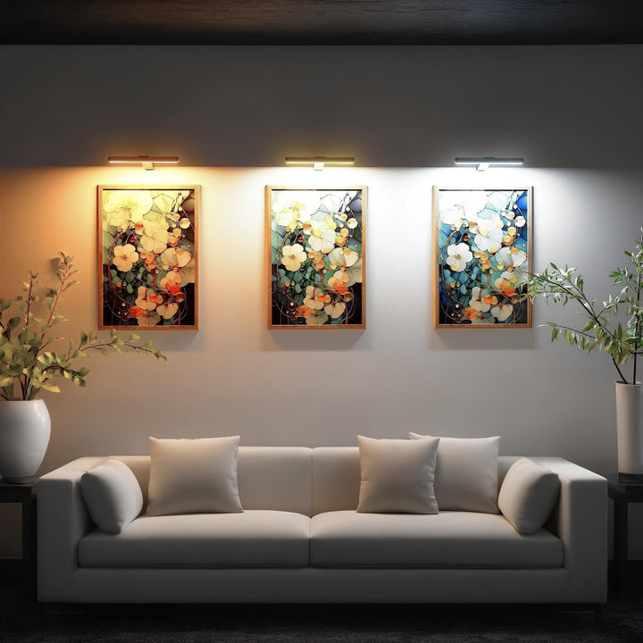 Sleek cordless LED gallery light with remote, ideal for illuminating paintings and decor.