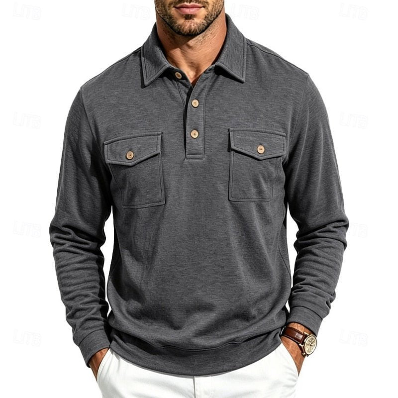 Comfortable long-sleeve men's polo shirt with pocket, ideal for timeless smart casual everyday fashion.