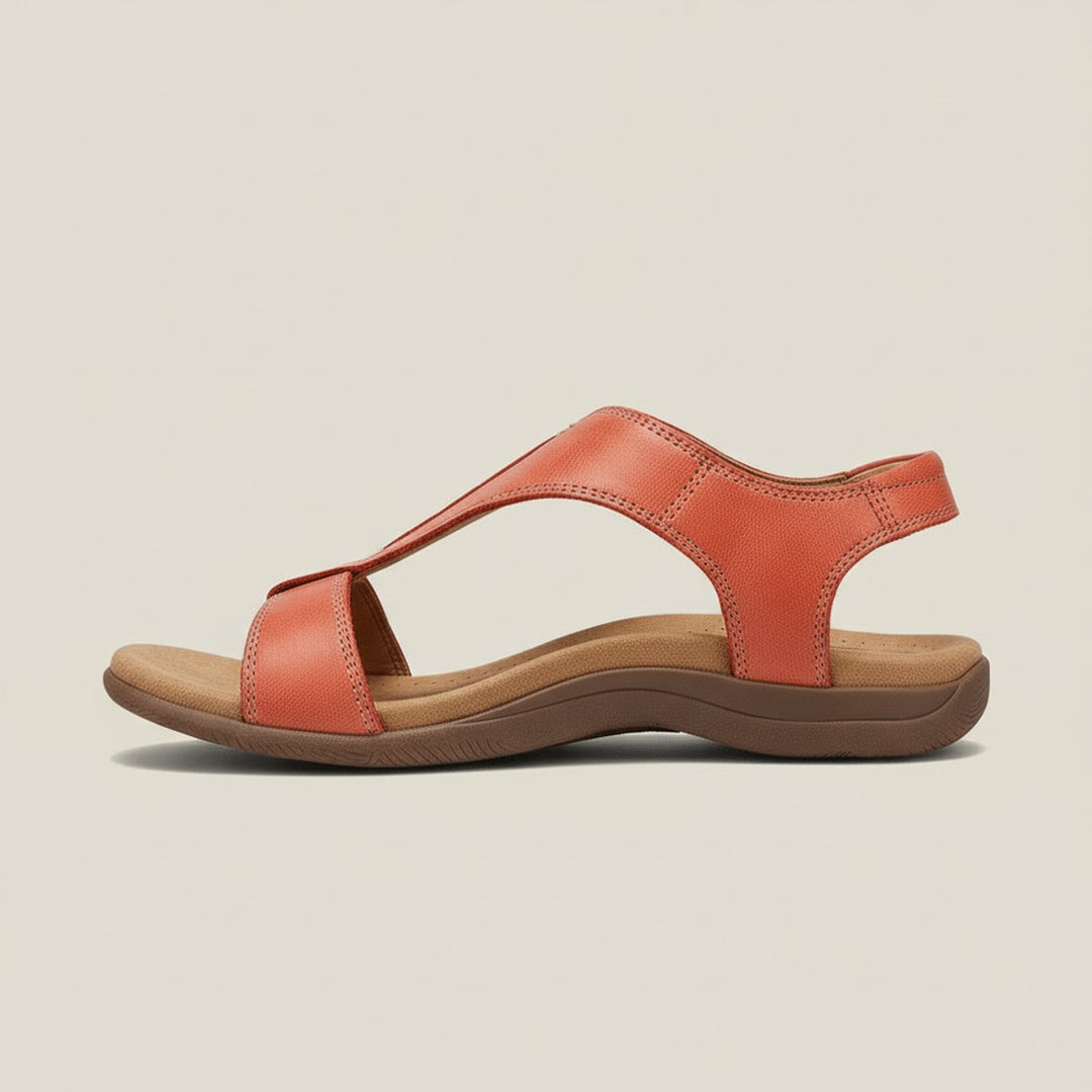 Open-toe T-strap orthopedic sandals for women with cushioned support and adjustable fit.