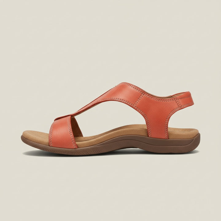 Open-toe T-strap orthopedic sandals for women with cushioned support and adjustable fit.