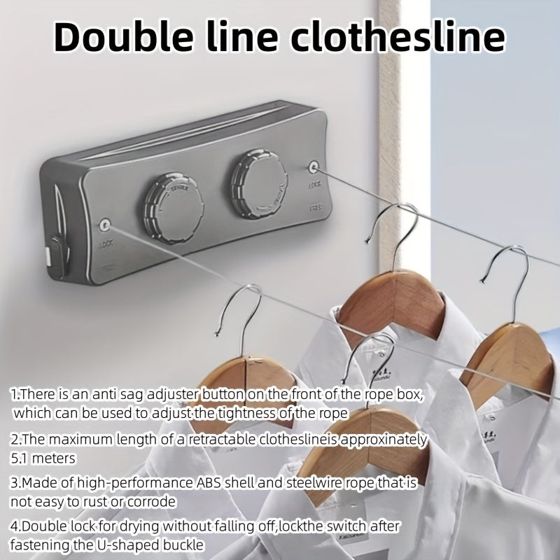 Versatile double clothesline, strong and space-saving for indoor & outdoor laundry. Stainless steel compact design.