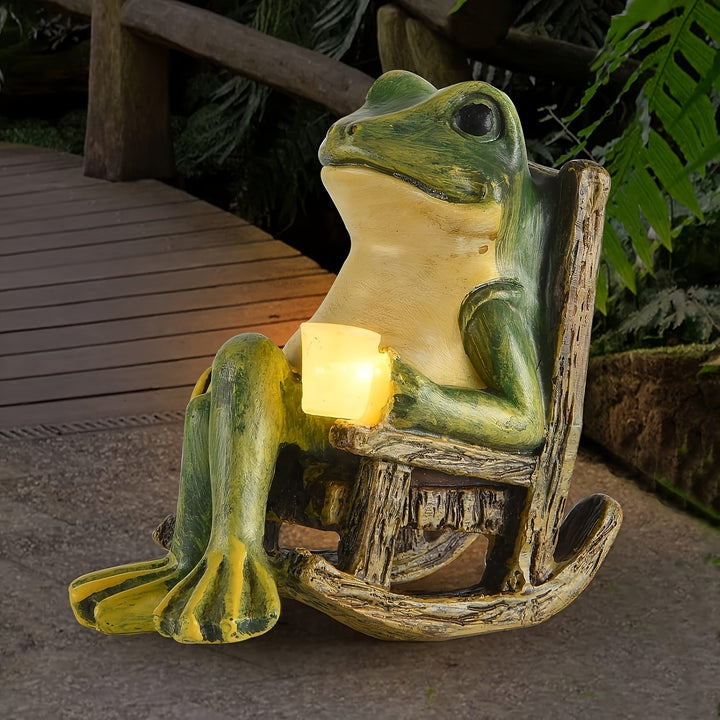 Outdoor weather-resistant relaxed frog solar statue, bringing whimsical charm and LED light to any garden.