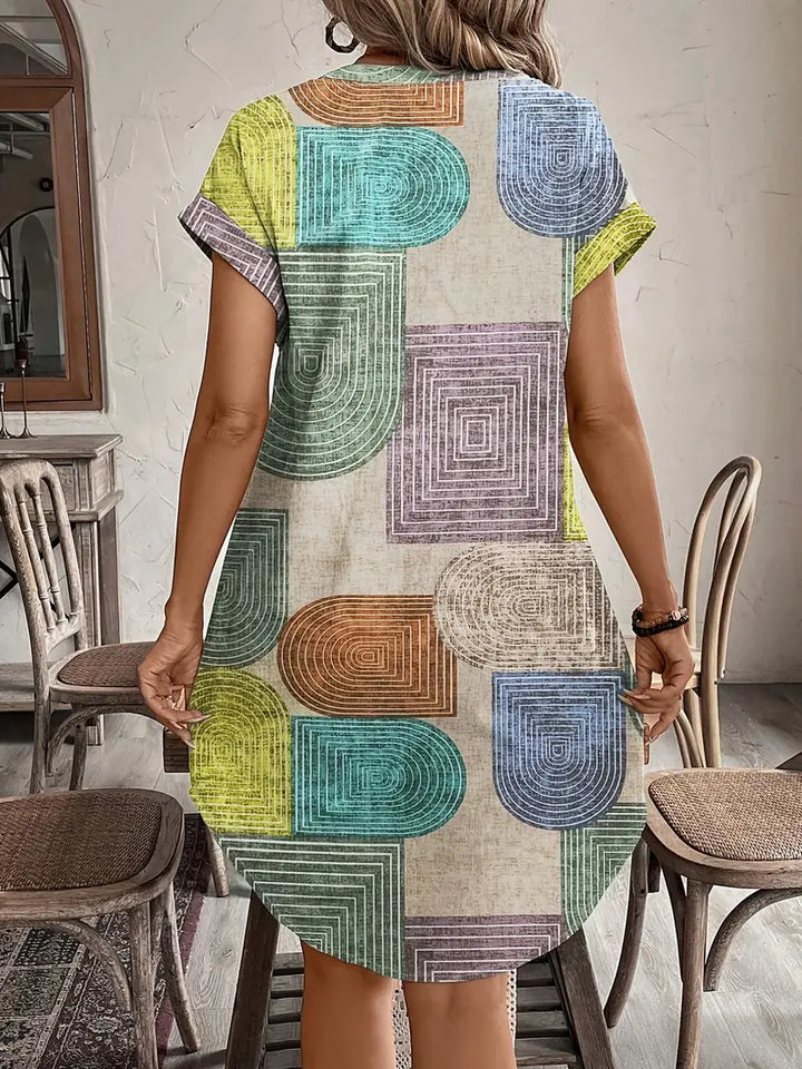 Lucille Geometric Print Button-Front Midi Dress