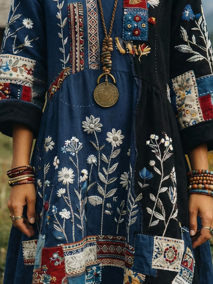Relaxed fit V-neck midi dress for women, with artistic embroidery and long sleeves. A chic comfort dress.