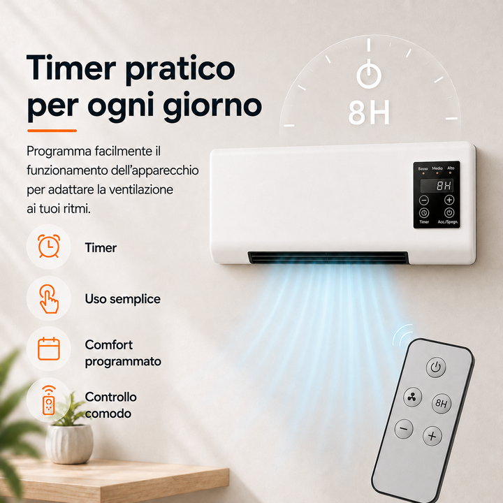White compact wall fan with remote, providing effective and quiet air circulation.