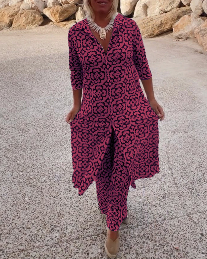 Elegant women's printed V-neck tunic & wide-leg pants set, versatile for casual outings.