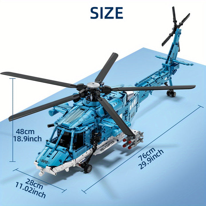 Adults engaged in building the 1711-piece technical helicopter set, demonstrating the intricate construction process.